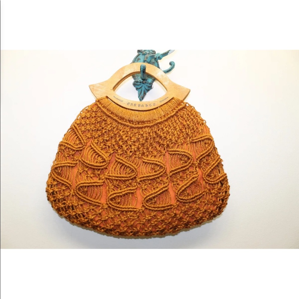 Barbados Women Camel Brown Macrame  Purse Bag Wooden Handle Hand Woven Summer